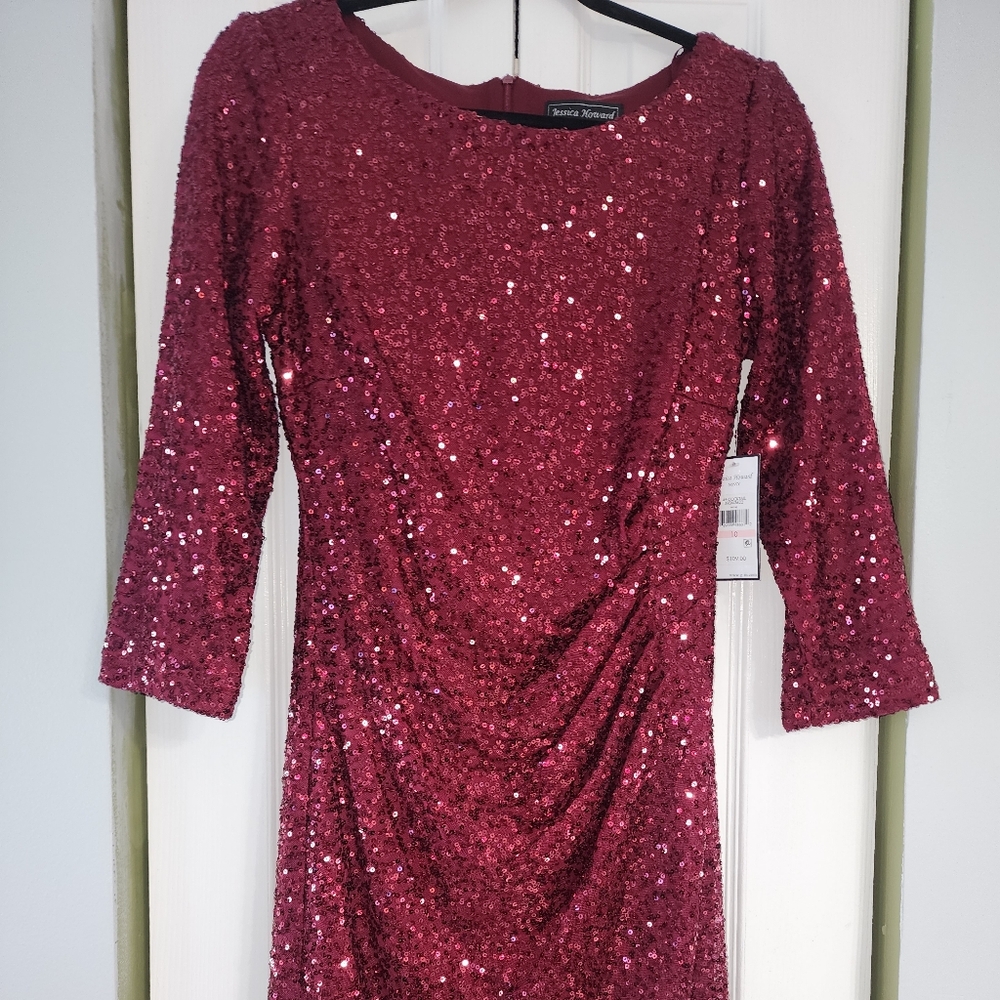Jessica Howard Wine Sequin Ruched Long-Sleeve Dress